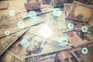 Double exposure of data theme drawing over us dollars bill background. Technology concept.