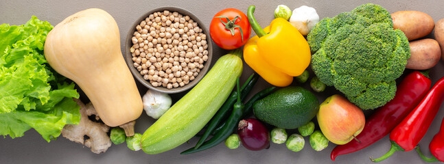 Fresh farm organic vegetables banner, healthy food concept, vegetables and beans, superfood and green salad, top view, copy space