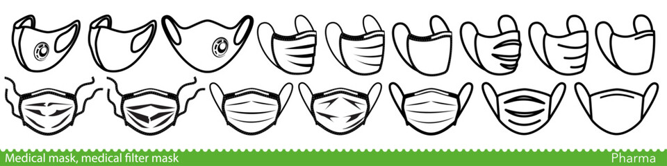 Set of medical face mask line icons. Various surgical and FFP masks and respirators. Vector Illustration