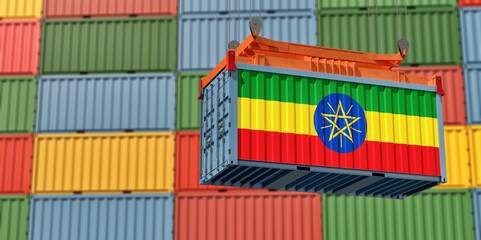 Container Terminal. Freight container with Ethiopia flag. 3D Rendering