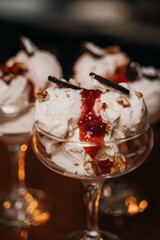 balls of ice cream in a beautiful glass dish