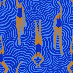 Wallpaper murals Sea  Swimming women in surreal waves seamless pattern