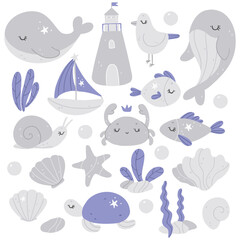 hand drawn nursery vector collection with sea animals