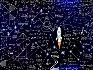 Scientific vector seamless background with handwritten mathematical and physical formulas, rocket, figures, plots and calculations