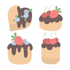 Vector set of birthday cakes with strawberries, blueberries and chocolate