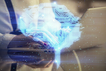 Multi exposure of woman hands working on computer and human brain hologram drawing. Ai tech concept.