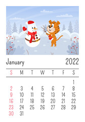 Design template for the calendar for 2022, January. Cute cartoon tiger with a snowman. Winter landscape with a forest. The symbol of the year. Animal character. Color vector illustration.