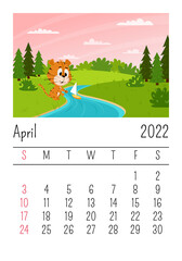 Design template. Calendar for 2022, April. A cute cartoon tiger launches a boat in a stream in the forest. Spring landscape. The symbol of year. Animal character. Color vector illustration for kids.