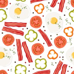 Food seamless pattern. Overhead view of isolated bacon, fried egg, paprika, tomato. Vector illustration. Flat design for cafe or restaurant menu, poster, banner, wallpaper, wrap, scrapbooking, print