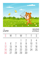 Design template. Calendar for 2022, June. Cute cartoon tiger runs across the field and catches butterflies. Summer landscape. The symbol of the year. Animal character. vector illustration for kids.