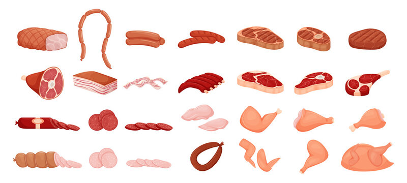Meat collection. Sausages, raw chicken, raw and grilled meat, sausage slices, knuckle, bacon, ribs, chicken breast, shish kebab, lard, herbs, sauces. Set in a flat cartoon style. Isolated on white.