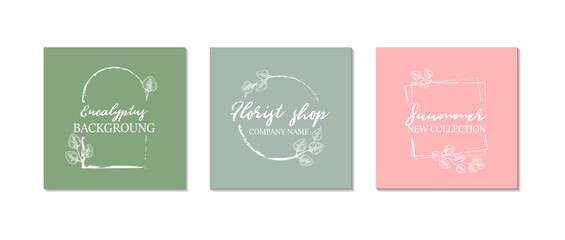 Set of modern frames with eucalyptus branch in pastel colors. Hand drawn vector illustration