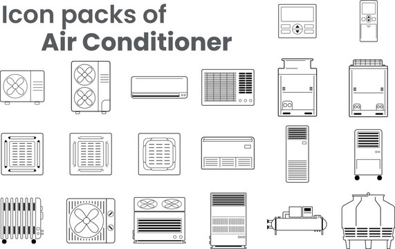 Vector Icon packs of Air conditioners various type as symbol-block-line-outline. Various objects of air conditioners-condensing fan coil indoor-outdoor unit ceiling mount wall mount and remote control