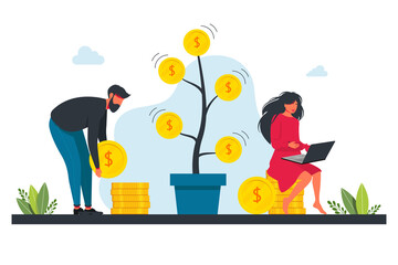 People invest in stock market, income money, rising rate, profit, young generation. Investment, money, finance concept. Income concept. Young man and woman with money. Two characters holding huge coin