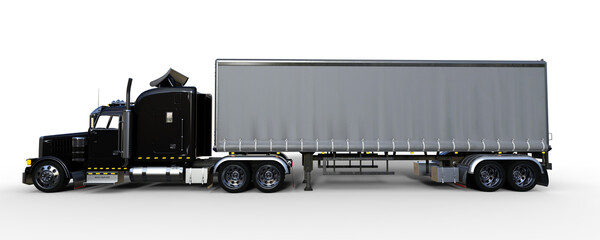 Side view 3D rendering of a large black and grey articulated freight truck isolated on white.