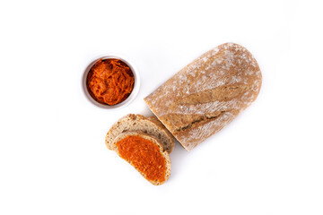 Sliced toast bread with sobrasada isolated on white background. Typical Mallorca food in Spain.	