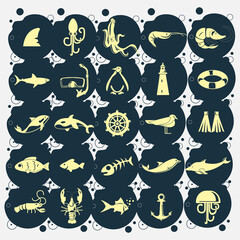 sea icon set with sea animals, shark, scuba mask, shrimp. fish, ship, crayfish, dolphin, whale, killer whale, jelly fish