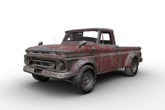 3D rendering ofl an old rusty vintage red pickup truck isolated on white.