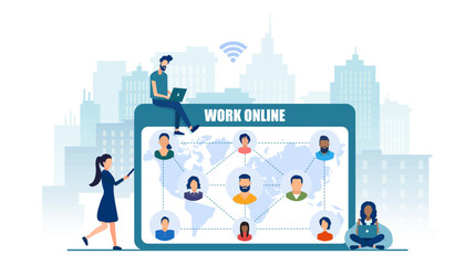 Vector of a group of people using mobile devices freelancing and networking