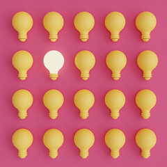 3d render light bulbs with glowing one different idea on pink background.Minimal concept idea ,flat lay