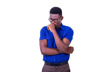 Fototapeta premium pensive young man with folded arm and raised hand on chin.