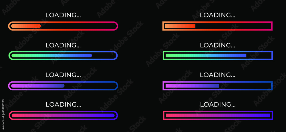 Poster loading bar set on dark backdrop. progress visualization. color gradient lines. loading status colle