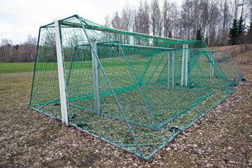 Soccer goals in storage waiting for the summer