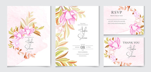 Set of watercolor wedding invitation card template with beautiful coloring hand-drawn watercolor leaves decoration and soft pink flower, save the date.