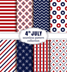 Happy Independence Day! 4th of July. Set of American backgrounds. Collection of seamless patterns in traditional red, blue and white colors. Vector illustration.