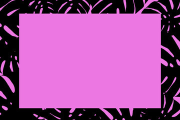 Frame of black monstera leaves and a pink background. Top view and copy space.