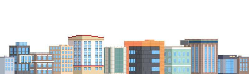 Various buildings in a row. Set of houses isolated on white background. Flat style illustration.