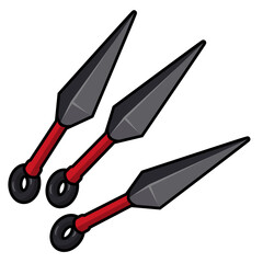 Japanese kunai daggers with red handles.Ninja melee weapon. Isolated on white background