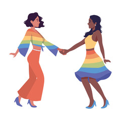Lesbian homosexual couple dancing lindy hop or swing at class or party. Women holding hands. Lgbt family on romantic date. Homosexuality. LGBTQ+ people love, diversity, relationship, pride parade