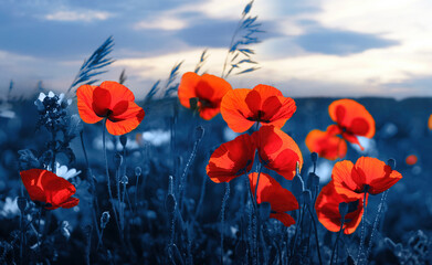 Bright beautiful flowers of red poppies in field in evening lighting against backdrop on sky....
