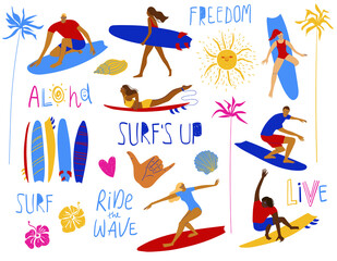Summer collection of surfing design elements