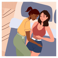 Multiethnic lesbian couple lie on bed, hug each other while sleeping. Homosexual couple lifestyle moment. Sleeping time with girlfriend, wife. LGBTQ+ character, same sex relationship, marriage