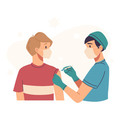 Fototapeta premium Vaccination, immunization concept. Doctor, nurse, vaccinating patient, young adults. Medical office, laboratory. Hospital staff in masks, gloves with syringe