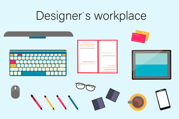 Freelancers working elements and items. Top view of the table, computer, smartphone, coffee cup, tablet. Workspace concept. Vector illustration.