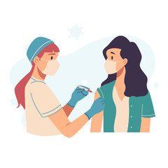 Vaccination, immunization concept. Doctor, nurse, vaccinating patient, young adults. Medical office, laboratory. Hospital staff in masks, gloves with syringe