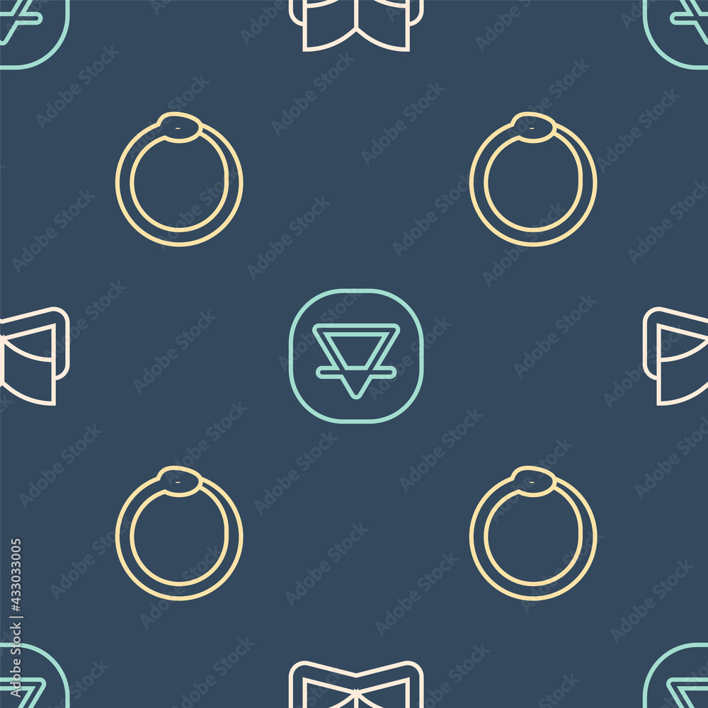 Aufkleber set line ancient magic book, ouroboros and earth element on seamless pattern. vector