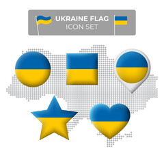 Ukraine flag icons set in the shape of square, heart, circle, stars and pointer, map marker. Mosaic map of ukraine. Vector ukrainian symbol, icon, button