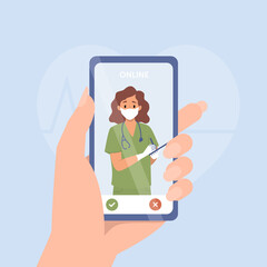 Smartphone screen with therapist. Chat in messenger and online consultation. Vector flat banner template. Ask doctor. Online medical advise or consultation service for telemedicine, cardiology