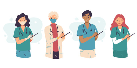 Medical consultation and support set, telemedicine. Doctor with clip board and stethoscope. Healthcare services, Ask a doctor. Nurse, Surgeon, therapist uniform. Medical hospital staff.