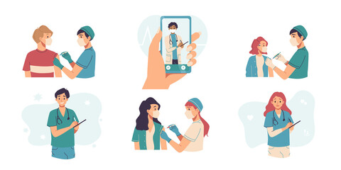 Vaccination, immunization concept. Set of doctors, nurses, surgeon vaccinating people. Hospital staff in masks, gloves. Medical consultation and support set, Online advise, chat service, telemedicine