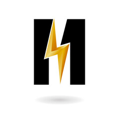 M Thunder Bolt Logo Design Concept in Black and Yellow. Flash Logo.