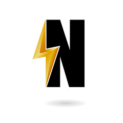 N Thunder Bolt Logo Design Concept in Black and Yellow. Flash Logo.
