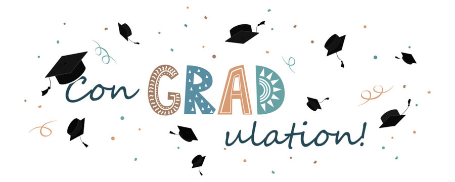 Congratulations on graduation banner, graduate cap with congradulation lettering in Scandinavian style. Greeting card for graduation party
