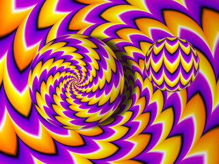Orange and purple background with moving spheres. Optical illusion of movement.