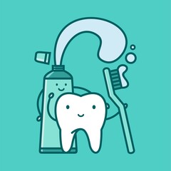 Dental care vector icon. Children dentistry concept. Tooth icon with tooth paste and tooth brush. Teeth cleaning illustration. Dental care logo concept