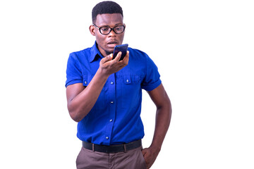young serious businessman talking on mobile phone speaker.